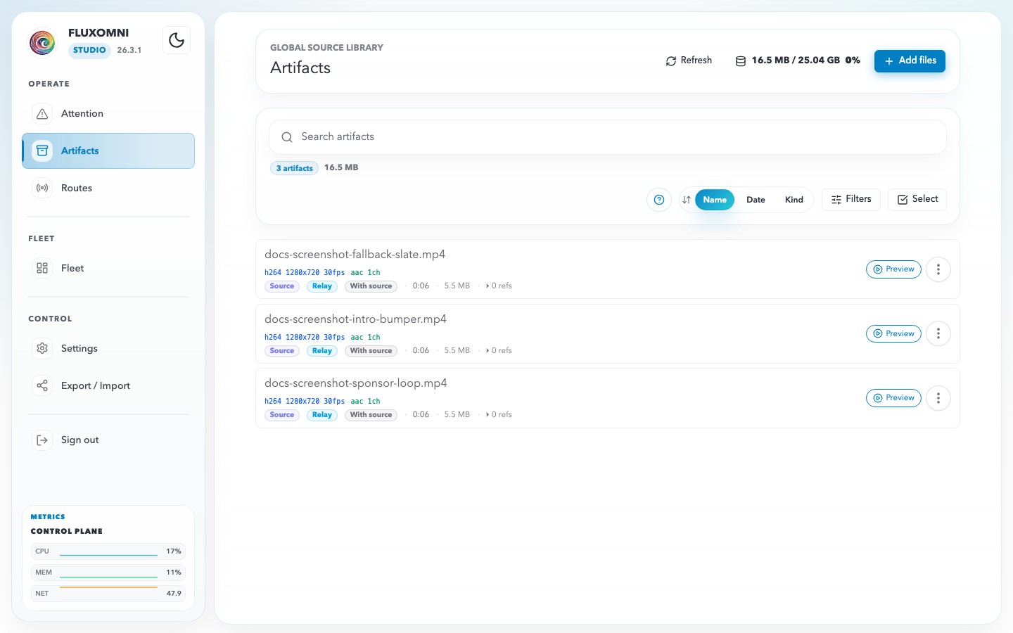 Fluxomni artifacts library showing reusable media assets