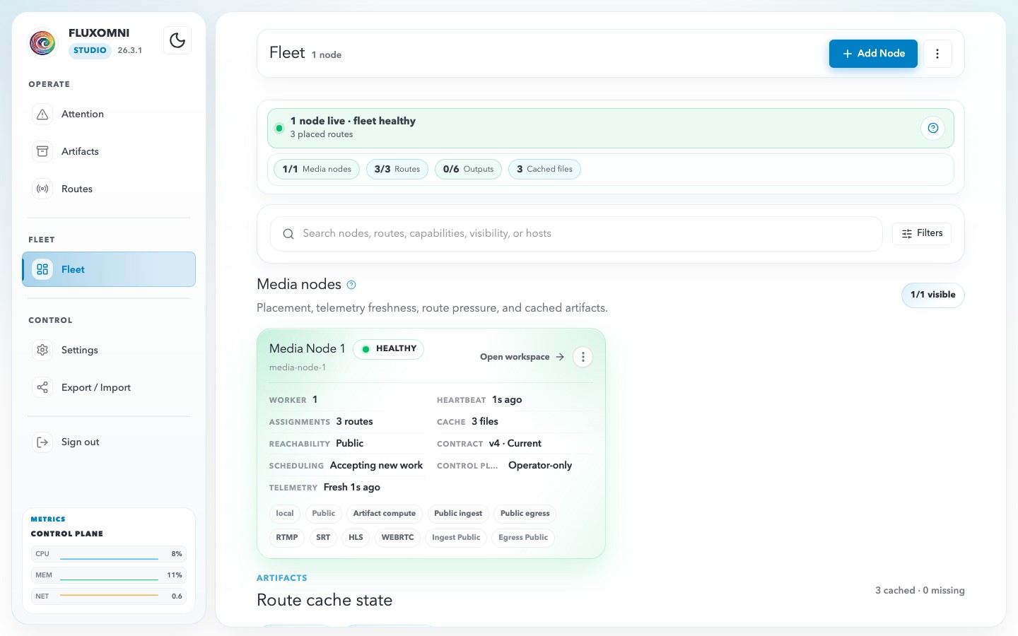 Fluxomni fleet view showing media node health