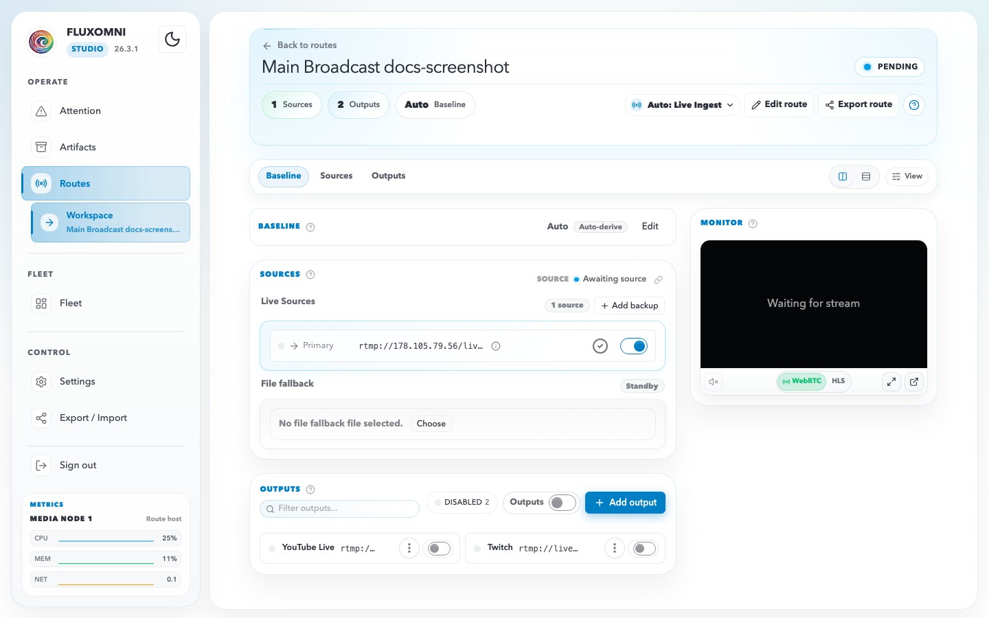 Fluxomni route workspace showing route execution, routing, outputs, and live playback controls